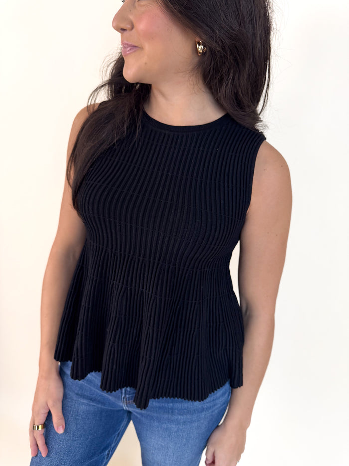 Flared Ribbed Knit Black Sleeveless Sweater