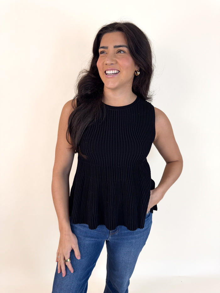 Flared Ribbed Knit Black Sleeveless Sweater