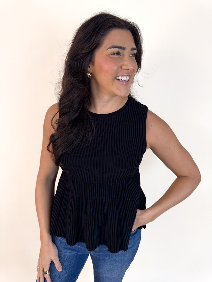 Flared Ribbed Knit Black Sleeveless Sweater