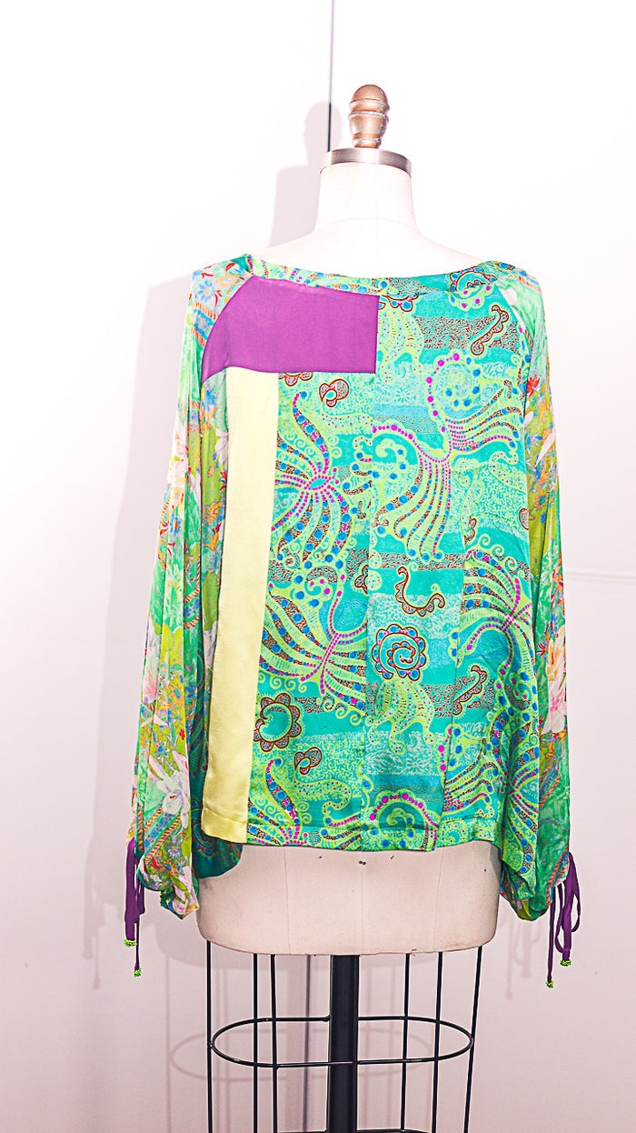 Floral Printed Silk Charmeuse with Silk Chiffon Printed Sleeves