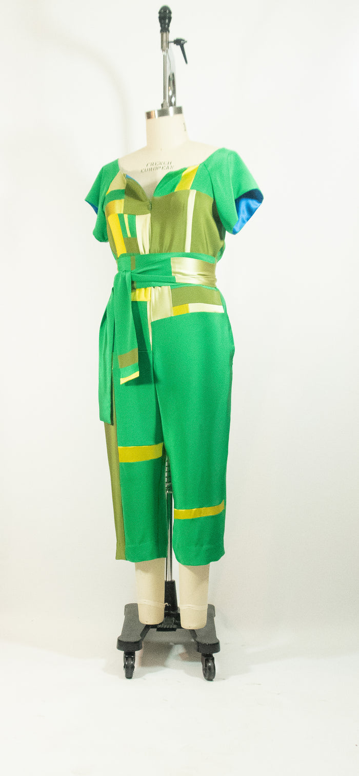 Green Patchwork Silk Jumpsuit
