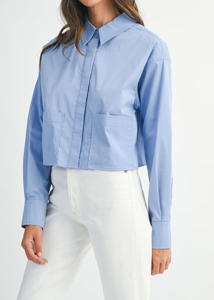 MABLE SOLID LONG SLEEVE COLLAR BUTTON DOWN CROP SHIRT