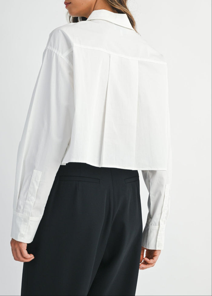 MABLE SOLID LONG SLEEVE COLLAR BUTTON DOWN CROP SHIRT