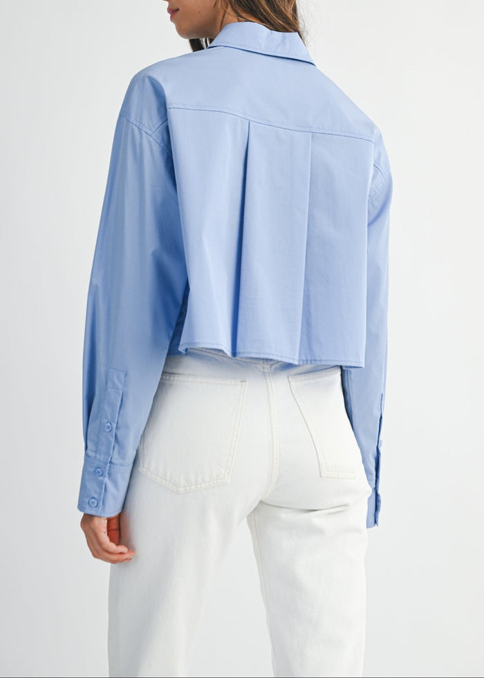 MABLE SOLID LONG SLEEVE COLLAR BUTTON DOWN CROP SHIRT
