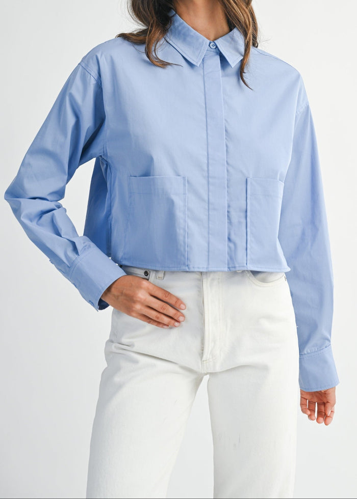 MABLE SOLID LONG SLEEVE COLLAR BUTTON DOWN CROP SHIRT