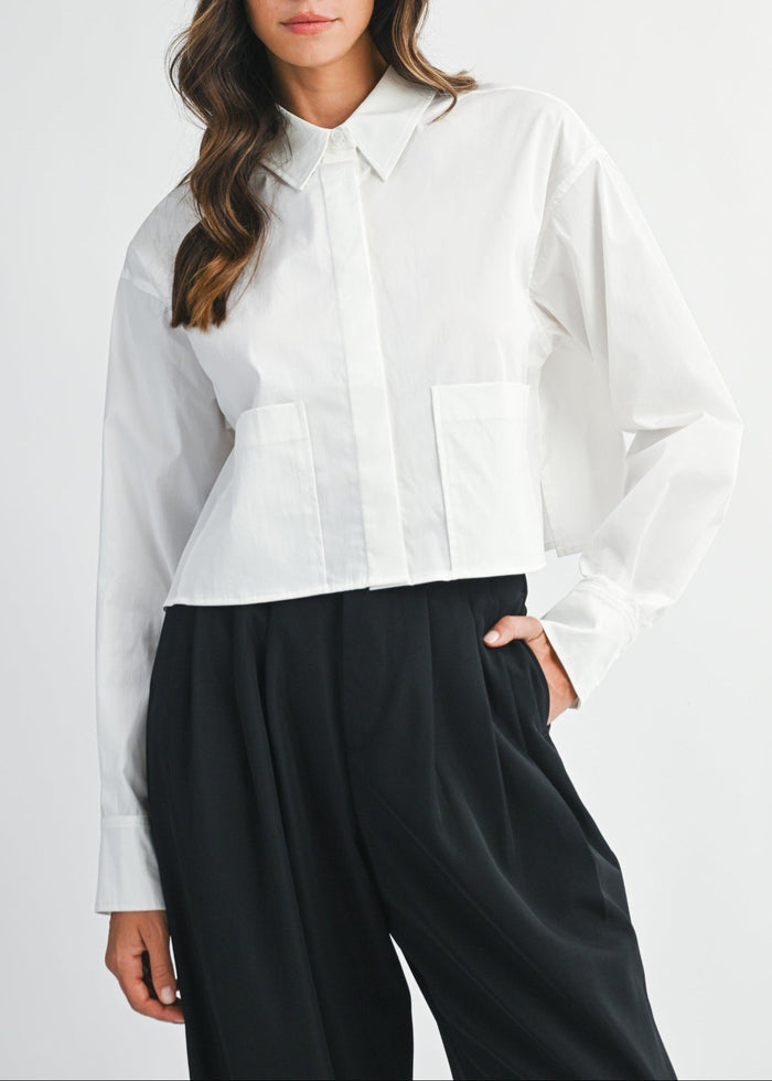 MABLE SOLID LONG SLEEVE COLLAR BUTTON DOWN CROP SHIRT
