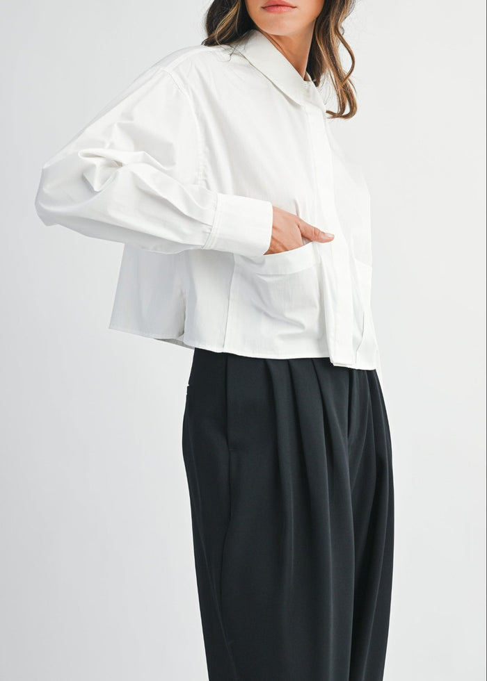 MABLE SOLID LONG SLEEVE COLLAR BUTTON DOWN CROP SHIRT