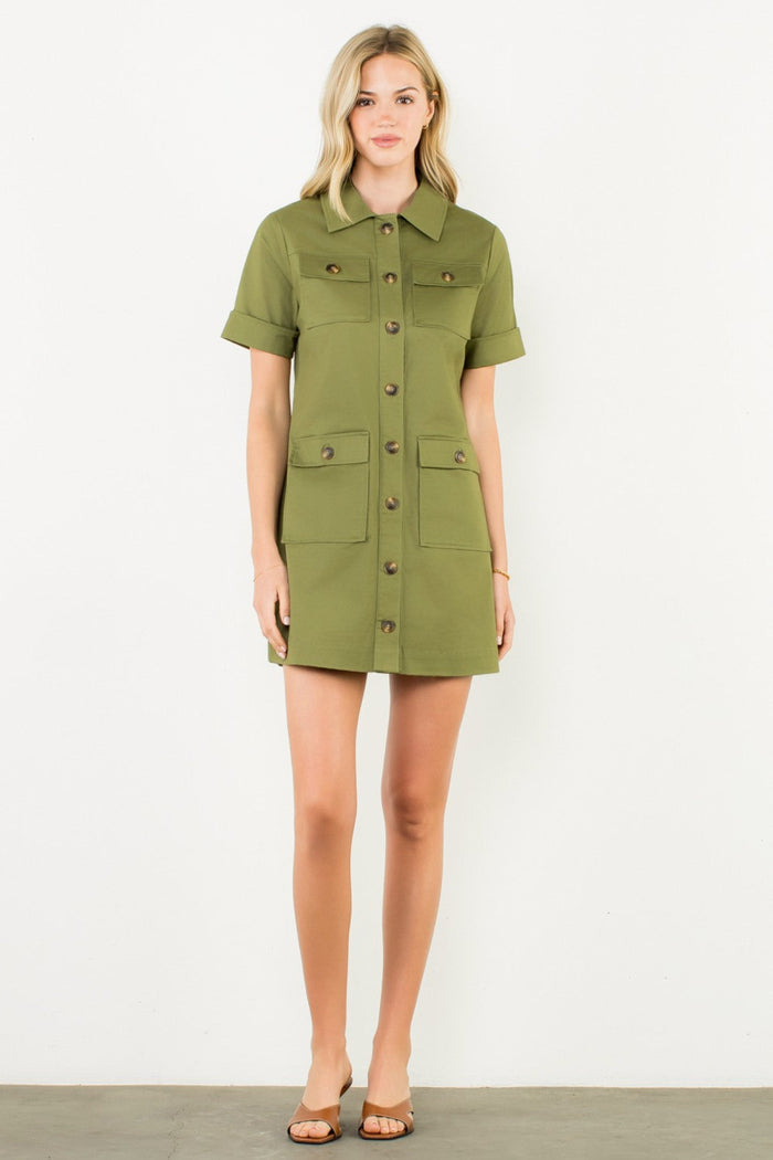 THML UTILITY POCKET BUTTON-FRONT OLIVE MINI DRESS – STRUCTURED YET EFFORTLESS