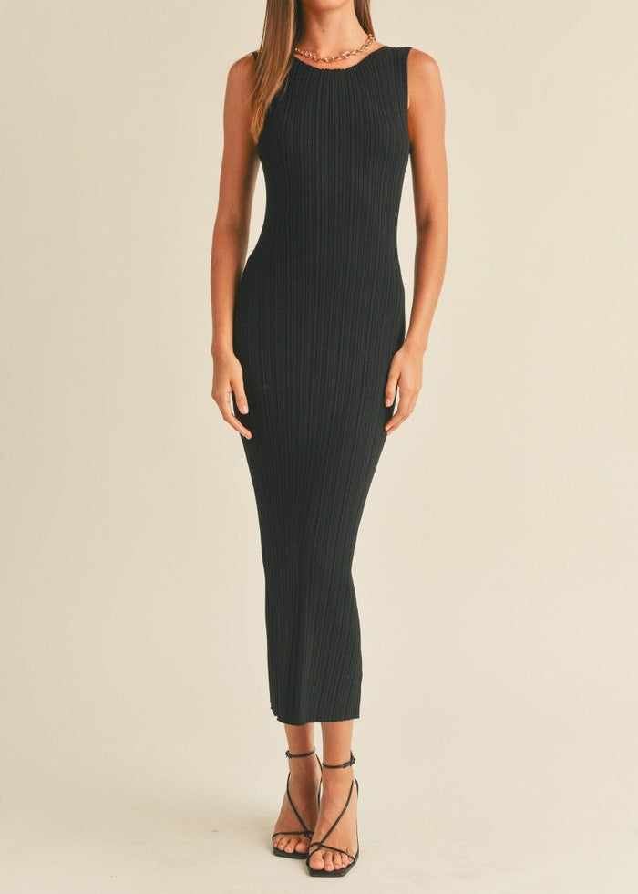 BLACK RIBBED KNIT SLEEVELESS MAXI DRESS