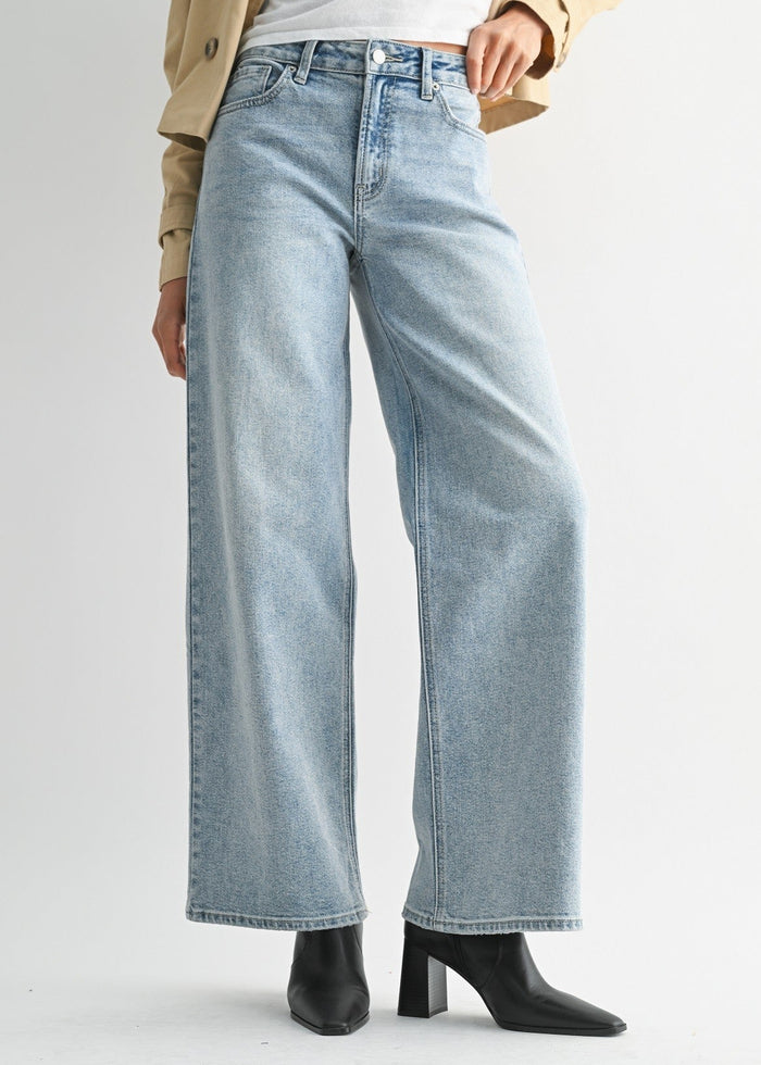 Light-wash high-rise straight jeans with five-pocket styling and ankle-length hem.