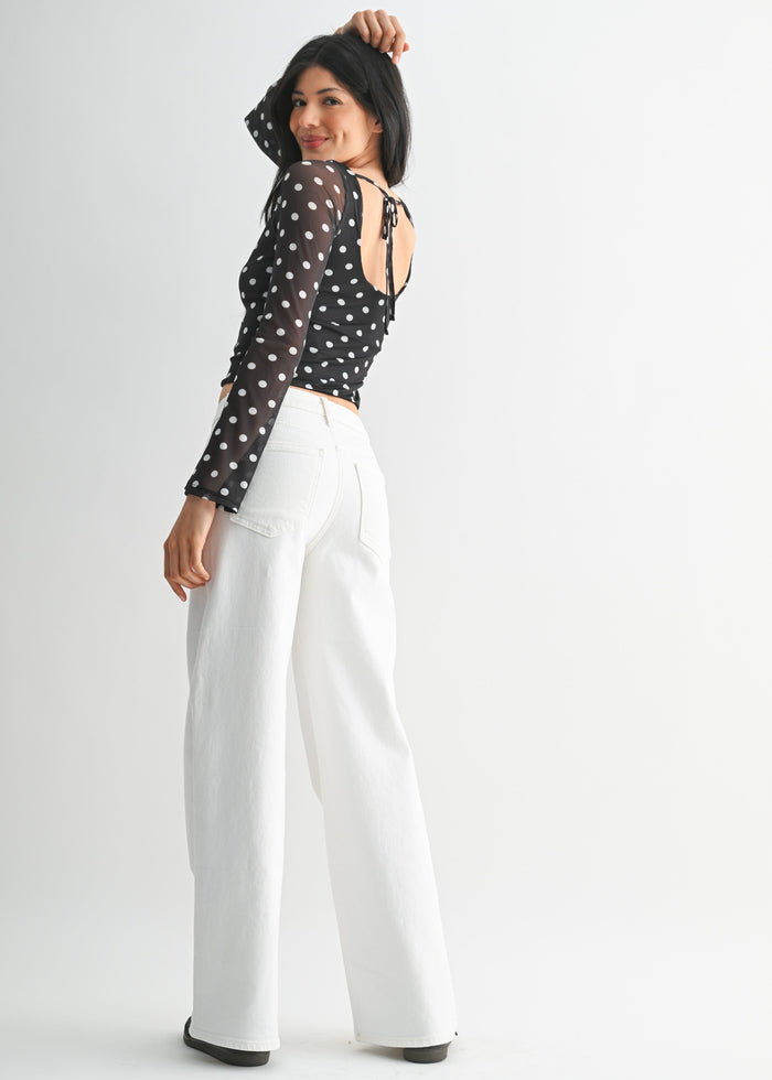 White high-rise straight jeans with five-pocket styling and visible stitching details.