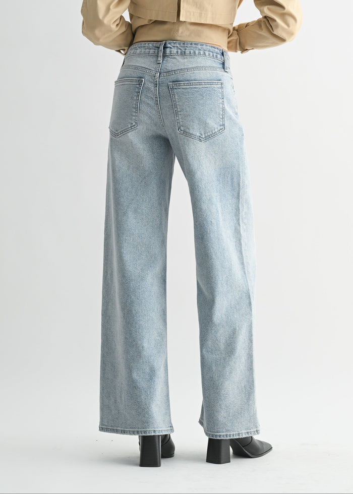 Light-wash high-rise straight jeans with five-pocket styling shown from the back.