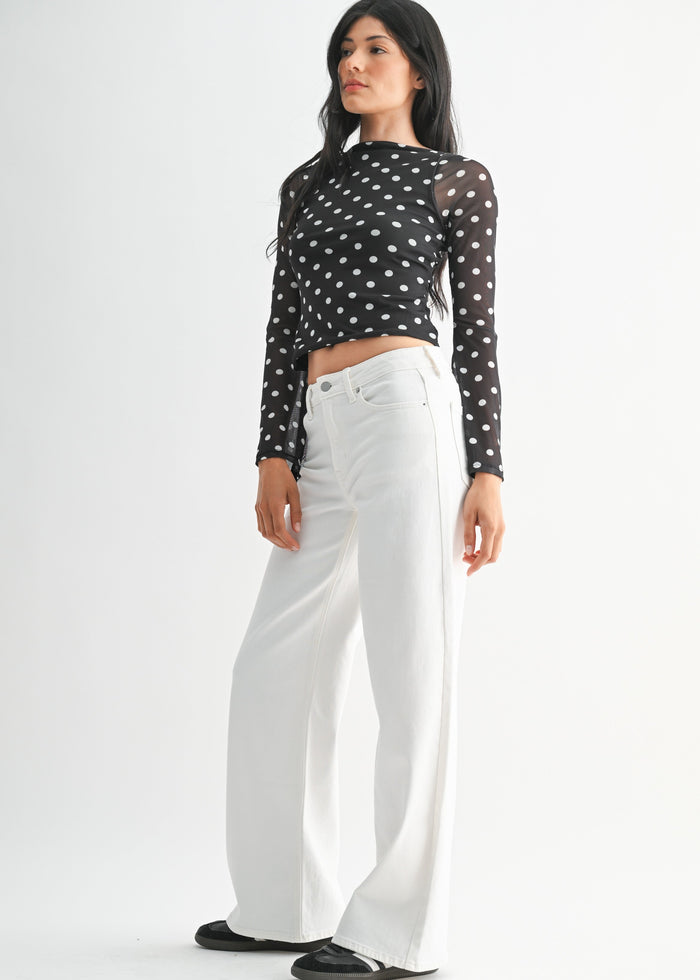 White high-rise straight jeans with a classic five-pocket design and button closure.