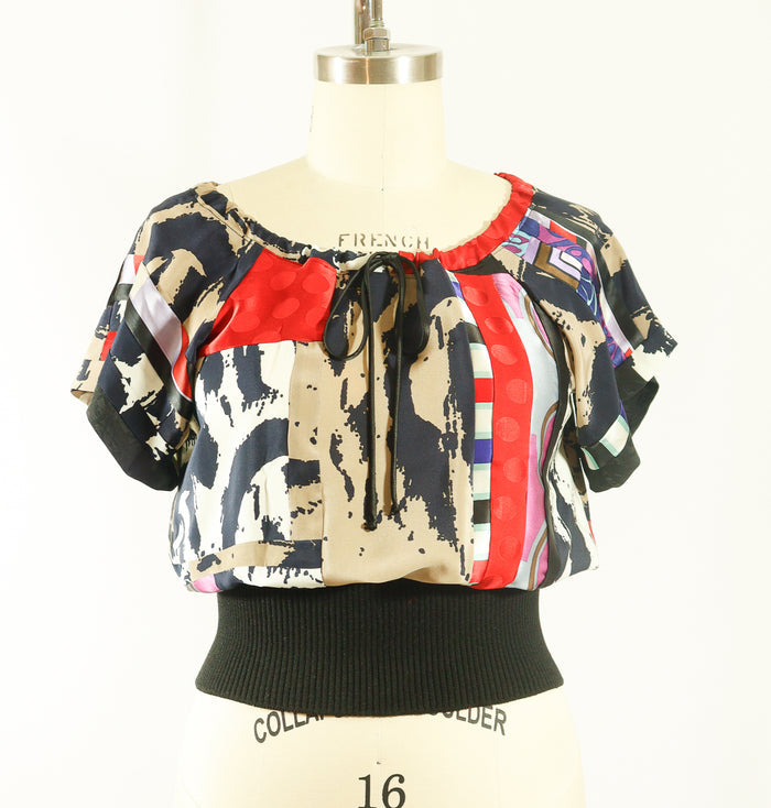 Large Print Silk Patchwork Top with Rib Waist