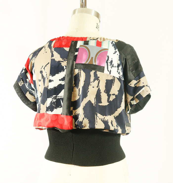 Large Print Silk Patchwork Top with Rib Waist