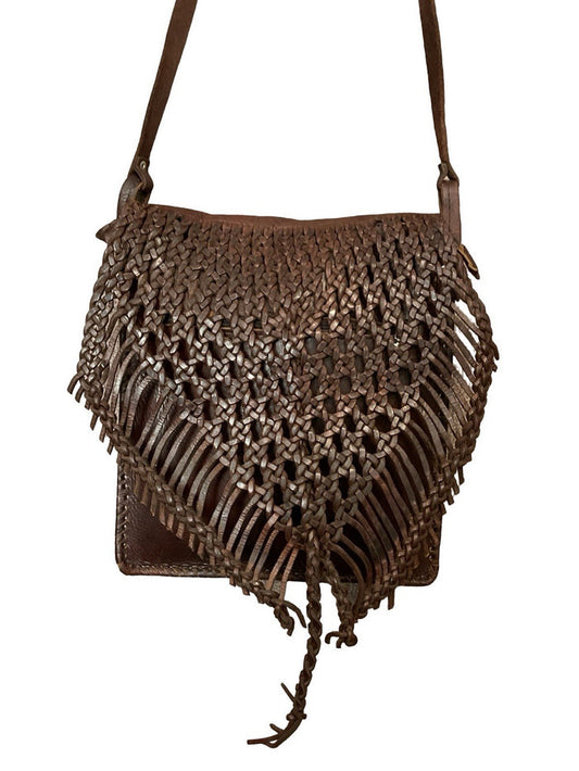 LARGE VTG 60S 70S HIIPPY BOHO DARK BROWN LEATHER WOVEN SHOULDER CROSS BODY BAG