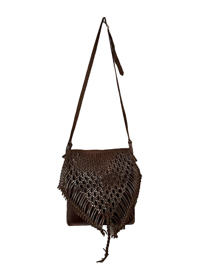 LARGE VTG 60S 70S HIIPPY BOHO DARK BROWN LEATHER WOVEN SHOULDER CROSS BODY BAG
