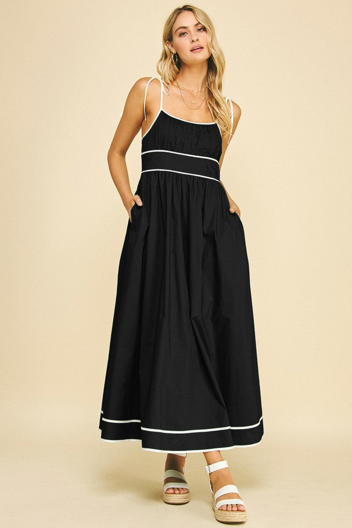 PINCH CONTRAST STRAP MAXI DRESS – A BLACK COTTON MAXI WITH WHITE STRAPS AND A FLATTERING, FEMININE FIT