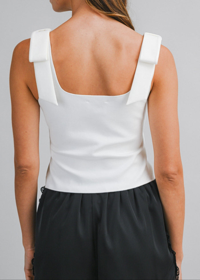 WHITE STRUCTURED BOW-STRAP CROP TOP