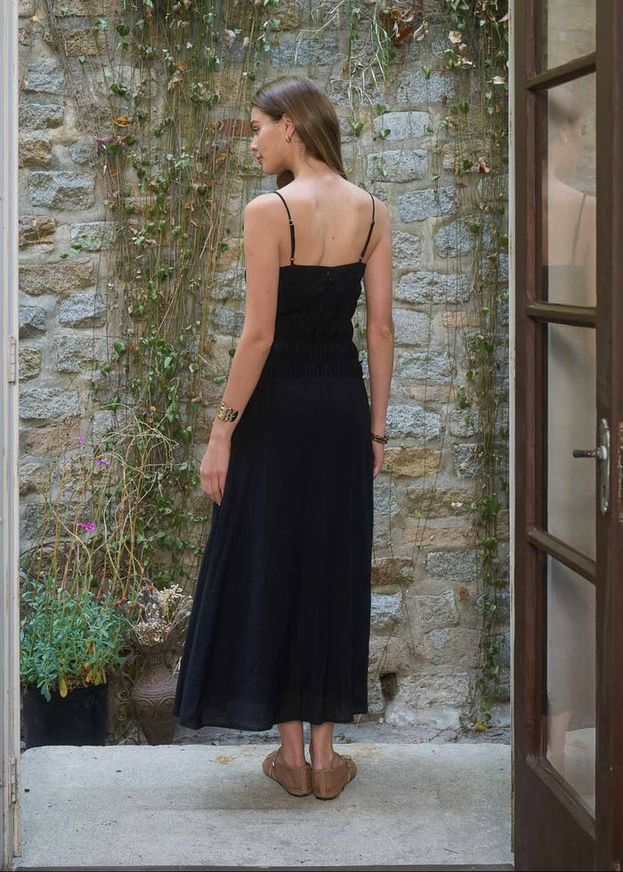 Black sleeveless midi dress with thin straps and shirred bodice, shown from back view.