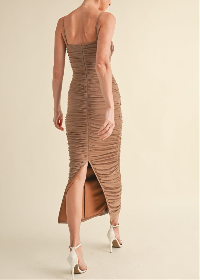 MABLE MESH RUCHED BODYCON MIDI DRESS – A FIGURE-HUGGING, SHEER-LAYERED MIDI WITH ADJUSTABLE STRAPS