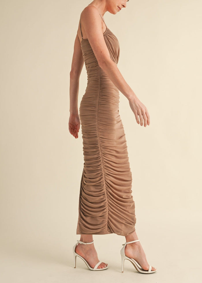 MABLE MESH RUCHED BODYCON MIDI DRESS – A FIGURE-HUGGING, SHEER-LAYERED MIDI WITH ADJUSTABLE STRAPS