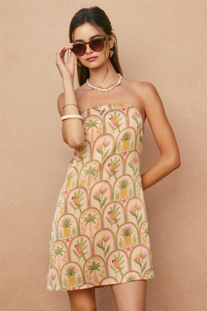 strapless dress with a pineapple pattern