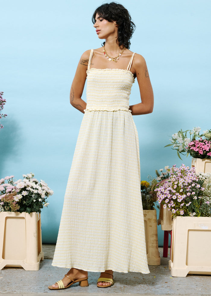 FRNCH MARIANNE BUTTER YELLOW DRESS – A MAXI CHECKERED DRESS WITH A SMOCKED BODICE AND SUNNY CHARM