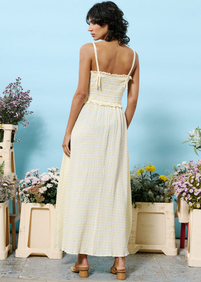 FRNCH MARIANNE BUTTER YELLOW DRESS – A MAXI CHECKERED DRESS WITH A SMOCKED BODICE AND SUNNY CHARM