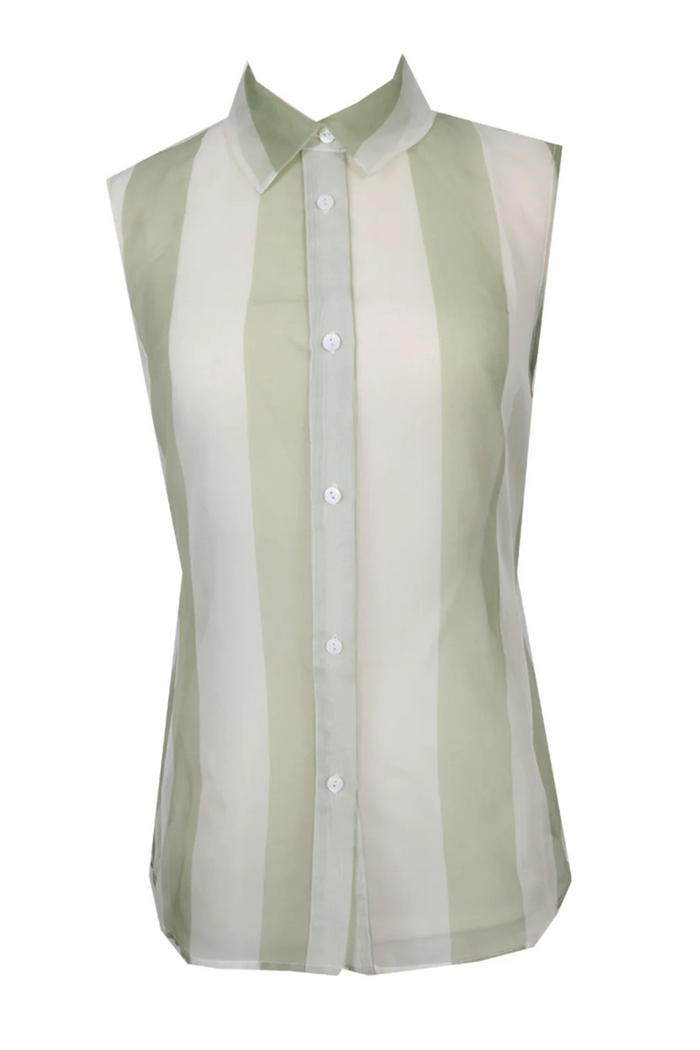 Sleeveless button-down blouse with vertical sage and cream stripes, featuring white buttons and a collared neckline.