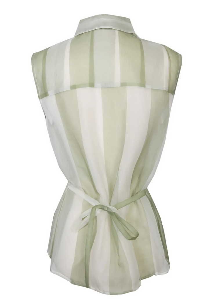 Sleeveless button-down shirt in sage green and white vertical stripes with tied waist, back view.
