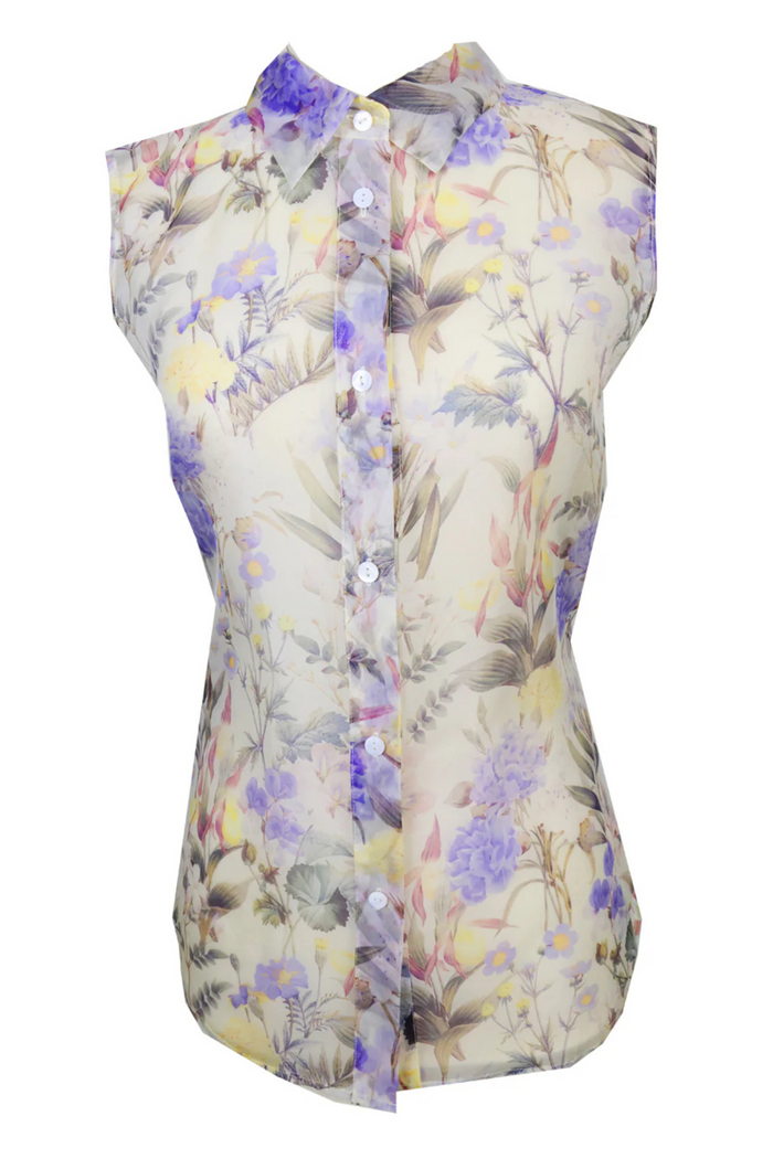 Sleeveless button-down blouse with purple, yellow, and pink floral print on cream background.
