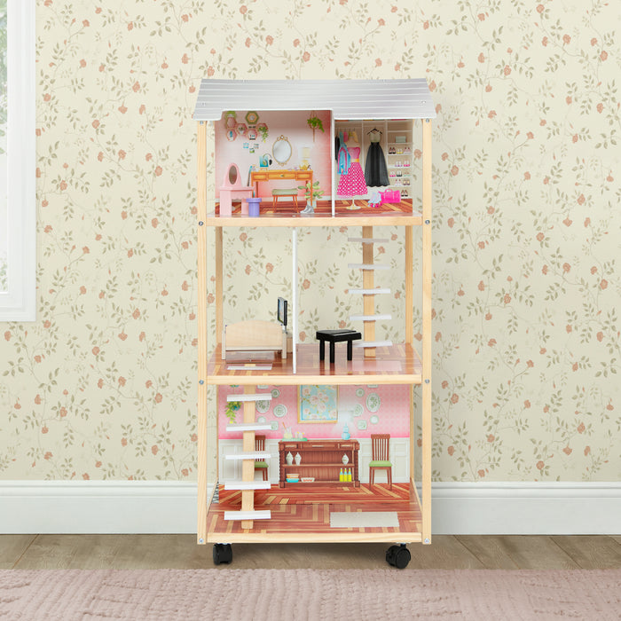 Wooden dollhouse with miniature furniture on a floral wallpaper background