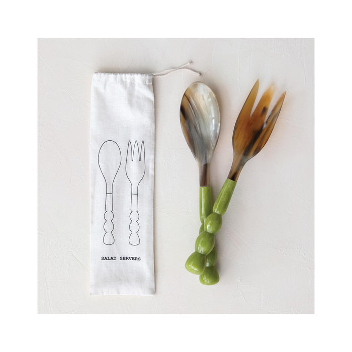 Natural Horn Salad Servers with Marbled Resin Handles