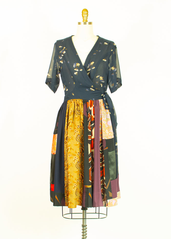 Navy Patchwork Wrap Dress