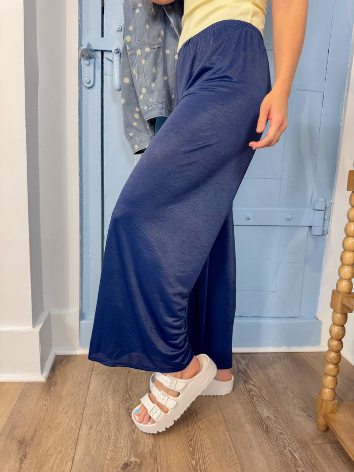 Navy Satin Wide Leg Pant