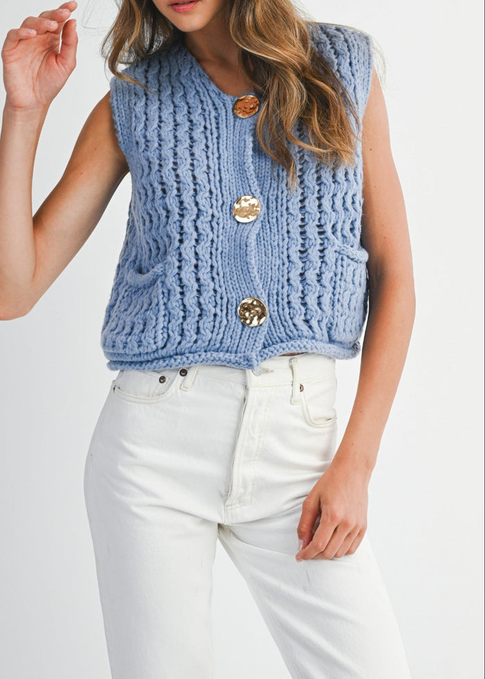 MABLE CHUNKY OPENWORK KNIT GOLD BUTTON DOWN VEST