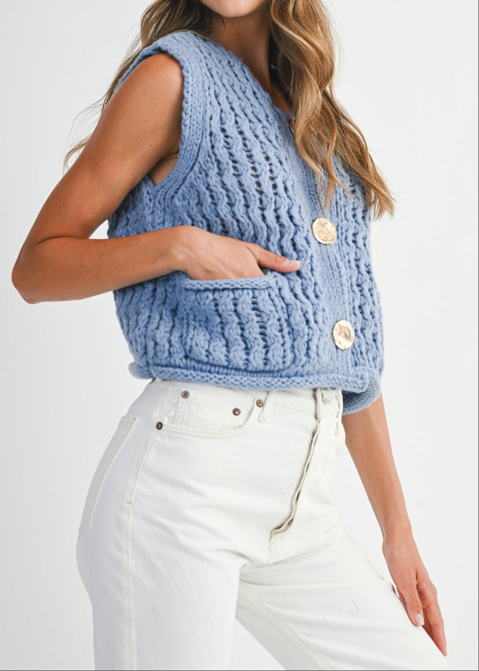 MABLE CHUNKY OPENWORK KNIT GOLD BUTTON DOWN VEST
