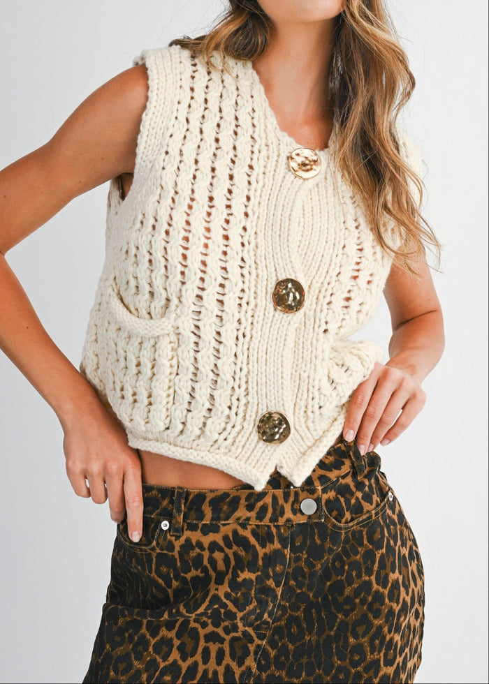 MABLE CHUNKY OPENWORK KNIT GOLD BUTTON DOWN VEST