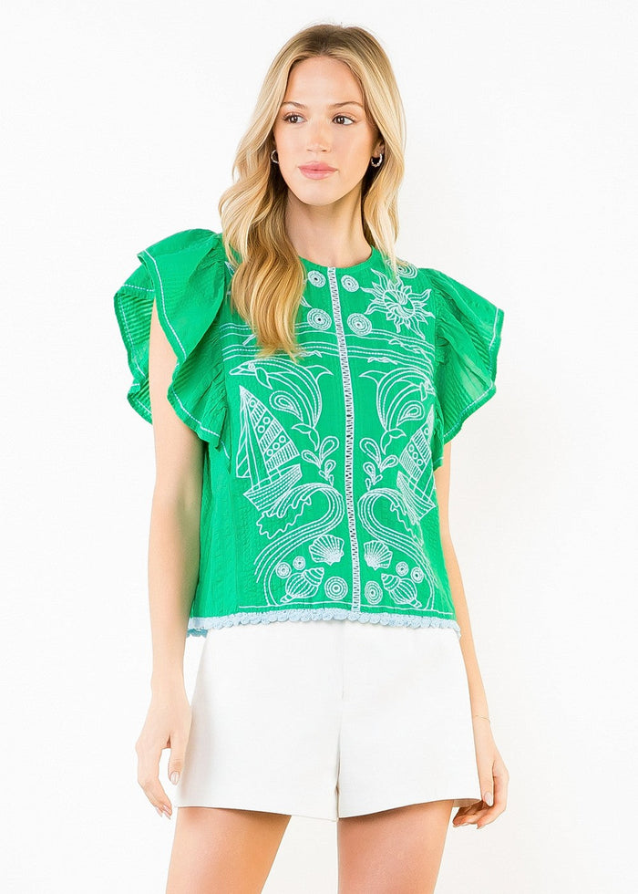 Green cotton top with white embroidered paisley pattern, ruffled short sleeves, and white lace trim at hem.