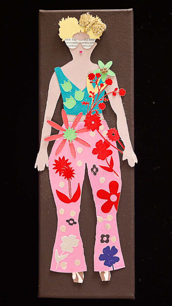 Paper Doll with Black Background with Flowers and Eyeglasses