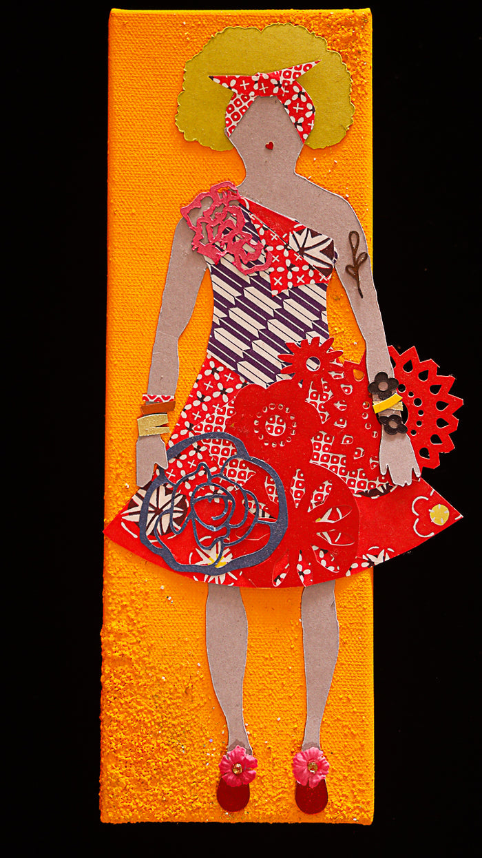 Paper Doll with Yellow Background and Red Outfit