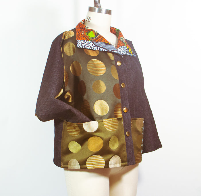 Patchwork Car Coat in Denim and Print Silk Satin