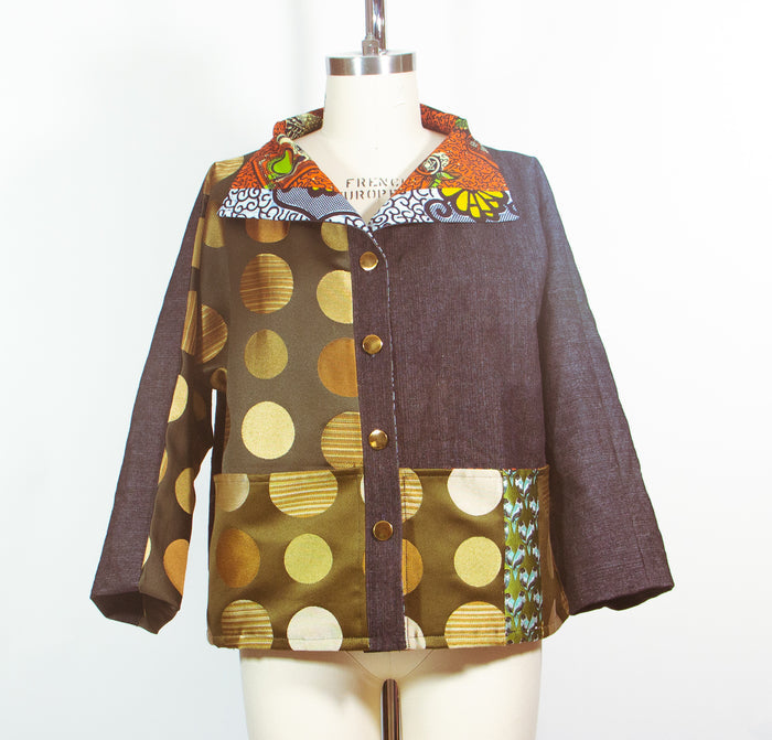 Patchwork Car Coat in Denim and Print Silk Satin