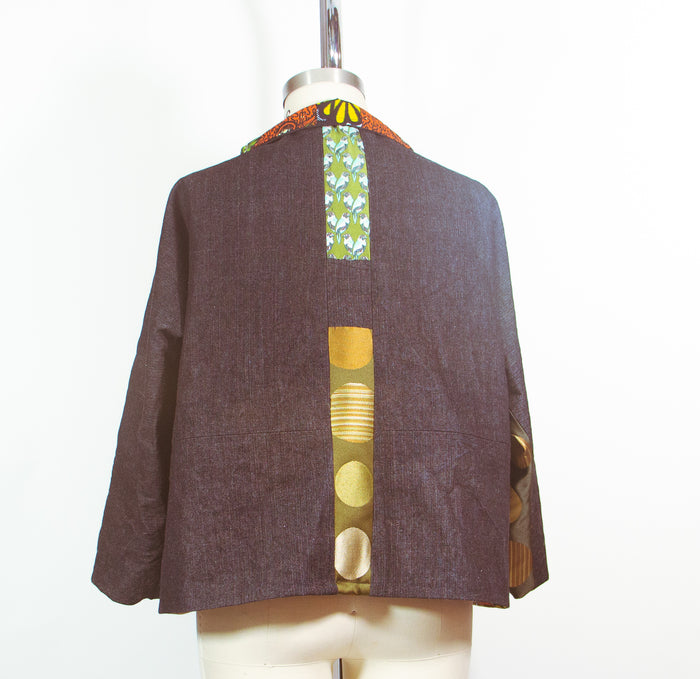 Patchwork Car Coat in Denim and Print Silk Satin