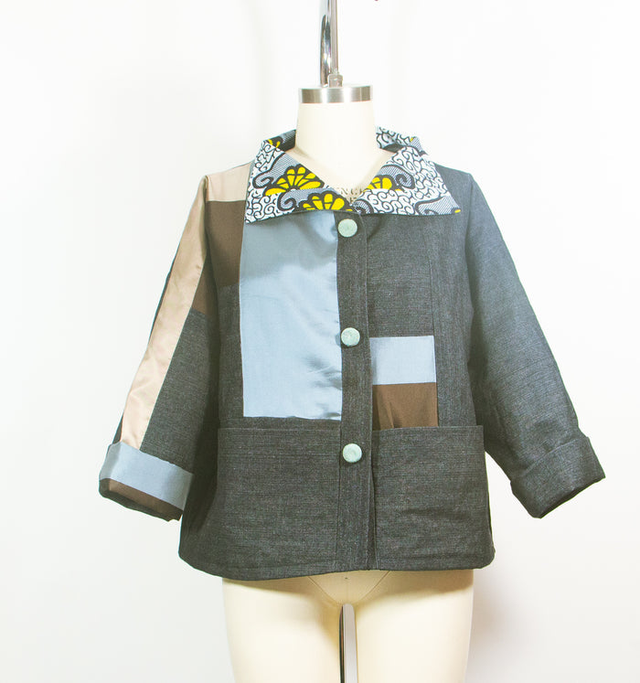 Patchwork Car Coat in Denim and Silk Satin