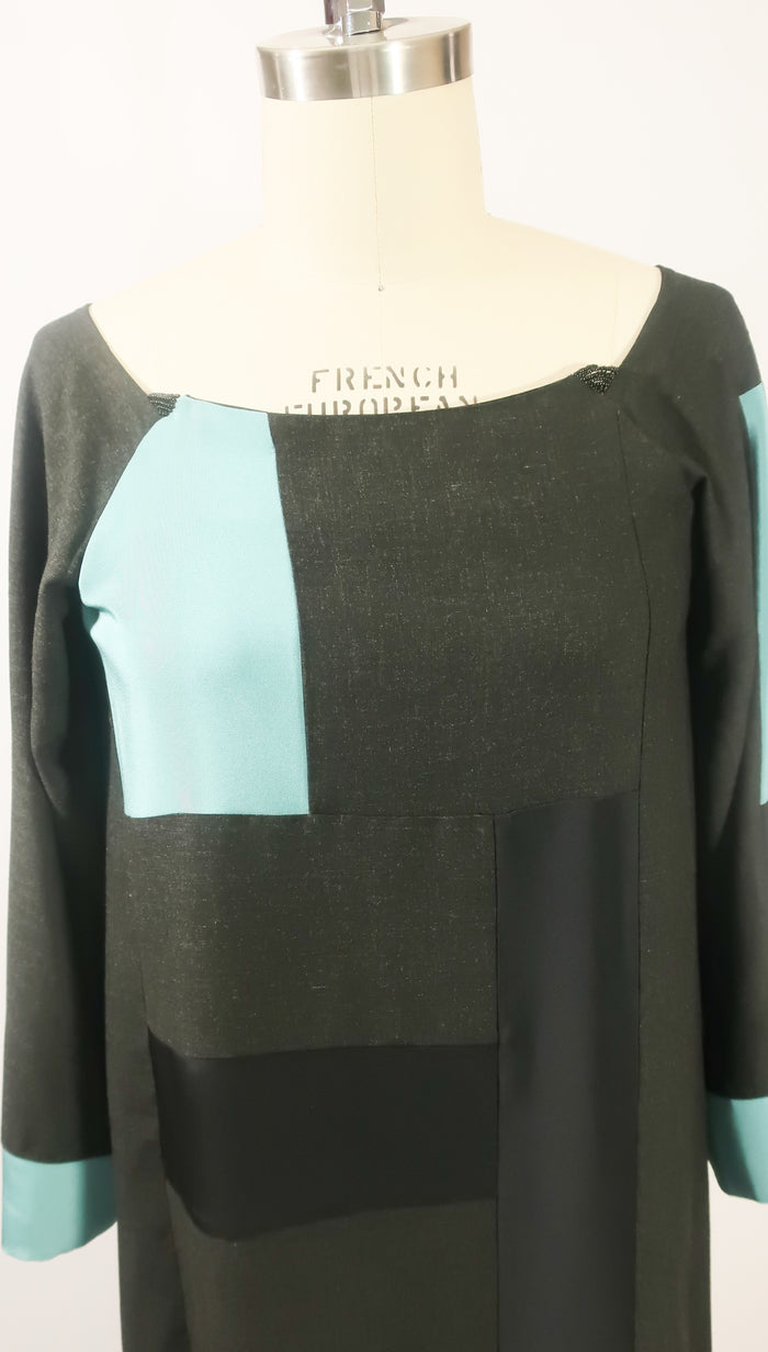 Patchwork Charcoal Grey Wool and Turquoise Blue Silk Dress with Belt