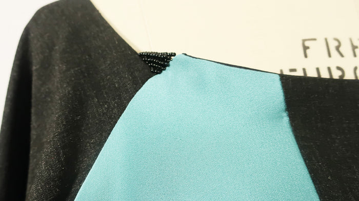 Patchwork Charcoal Grey Wool and Turquoise Blue Silk Dress with Belt