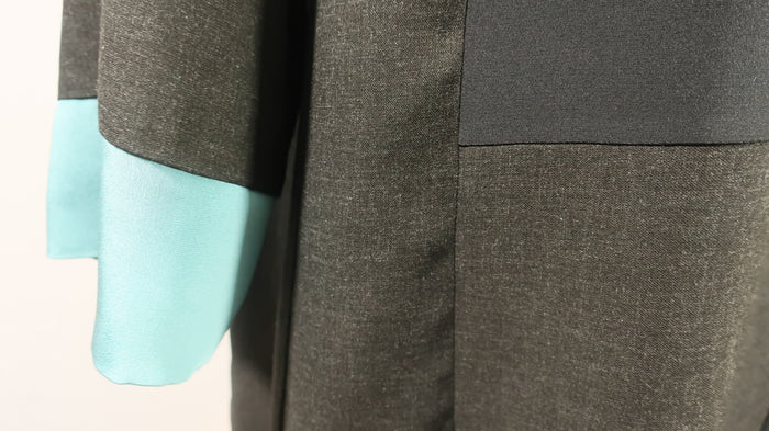 Patchwork Charcoal Grey Wool and Turquoise Blue Silk Dress with Belt