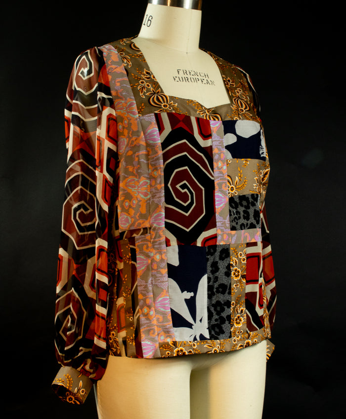 Print Silk Square Neck Patchwork Top